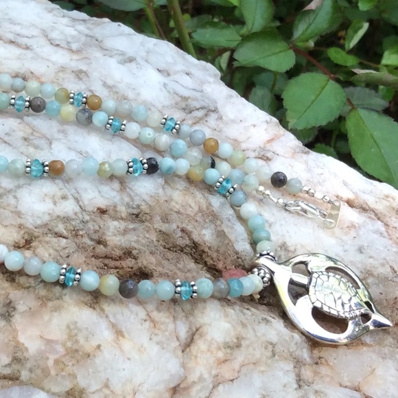 Sterling Silve KAUILA TURTLE  16" Black/Gold Ammonite &Apatite Beaded Necklace - Picture 5 of 5